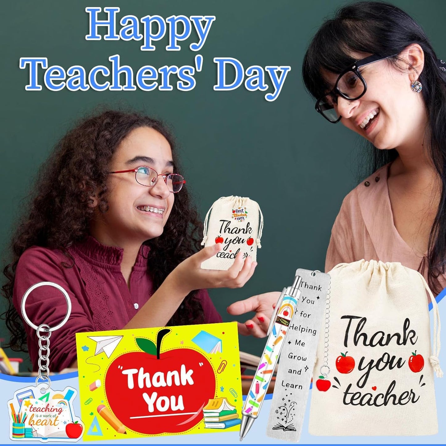 70 Pcs Teacher Appreciation Gifts Bulk Thank You Teacher Gifts with Bookmarks Keychain Ballpoint Pens Drawstring Bags and Stickers Ideal Gifts from Students for Graduation or Teacher Appreciation Week
