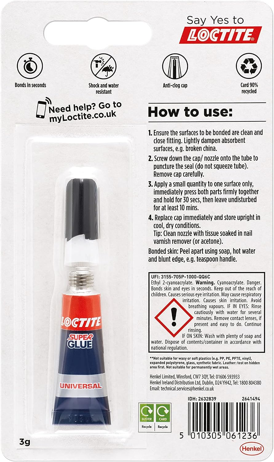 Loctite Universal, Strong All Purpose Super Glue for Repairs, Clear Glue Liquid for Various Materials, Easy to Use Instant Super Glue, 1 x 3g