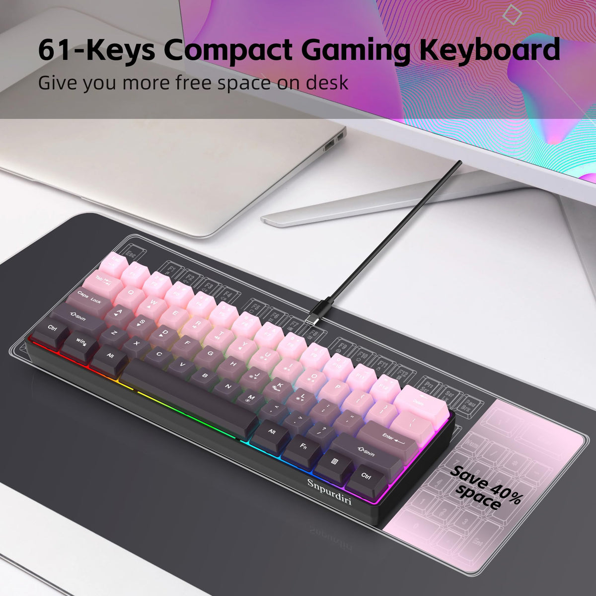 Snpurdiri Wired Mechanical Gaming Keyboard, 60% Size, LED Backlight, 61 Keys, Small Wired Office Keyboard for Windows Laptop/PC, Mac (Black-Red, Blue Switches)