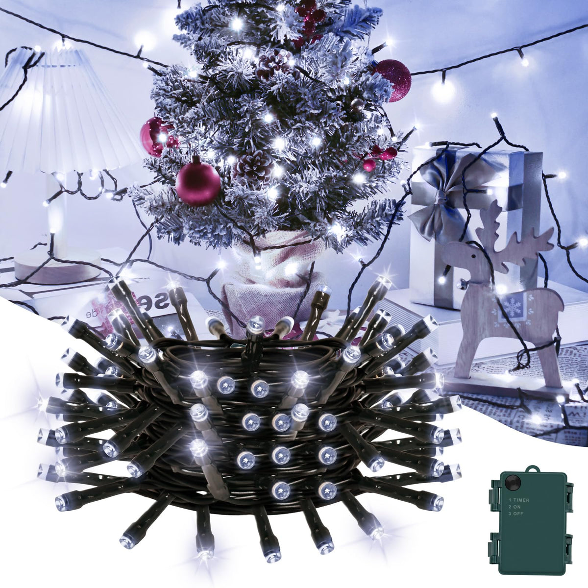 Gcstnn Battery Fairy Lights, 3M/9.8Ft 30LED Battery Powered Fairy Lights Indoor Outdoor with 6h Timer Waterproof String Lights On Green Cable,for Bedroom Christmas Tree Decorations,Garden-Cool White