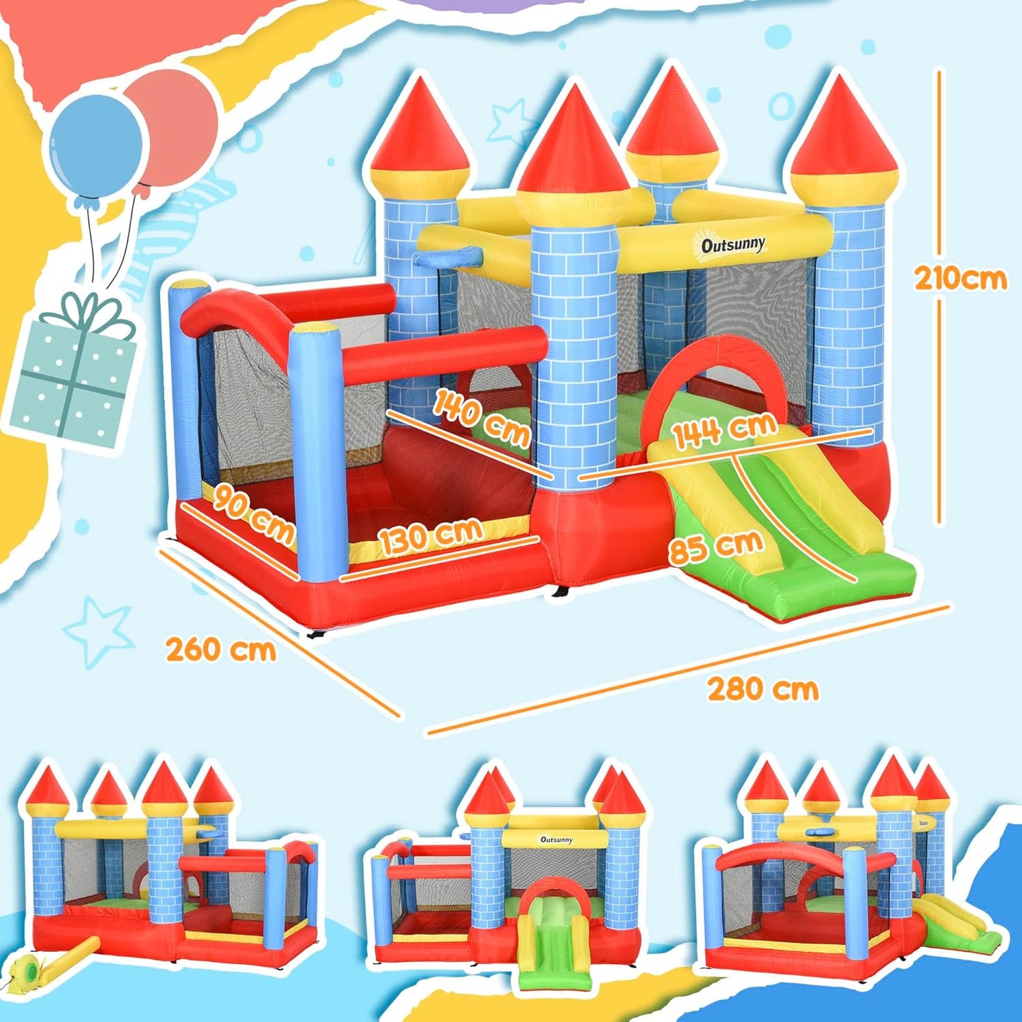Outsunny 4-in-1 Kids Bouncy Castle with Slide, Pool, Trampoline & Basketball Hoop — Ages 3-8