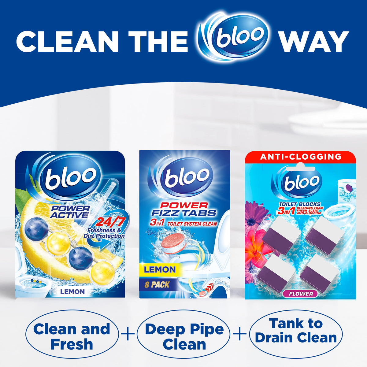 Bloo New 3in1 Toilet Blocks, Pack of 2, Toilet Limescale Remover Cistern Block, Toilet Cleaner Block with Cleaning and Foaming Action, Toilet Fresheners - Limescale Prevention