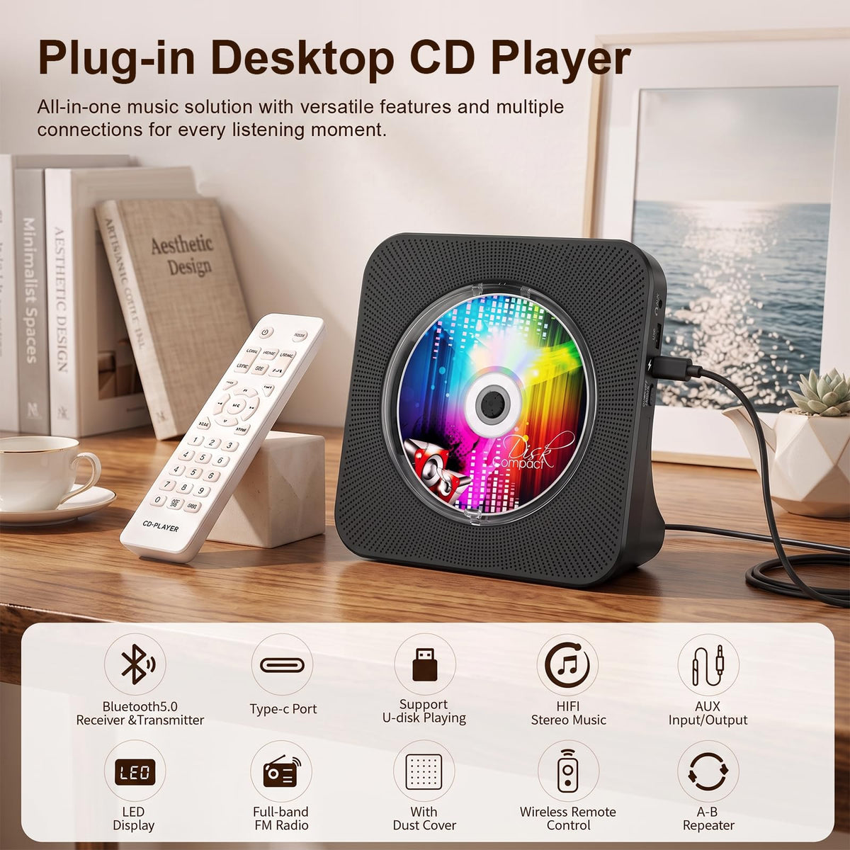 Portable CD Player with Bluetooth, Gueray Desktop CD Players for Home, Bulit-in Double HiFi Speakers, AUX&Headphone Jack, FM Radio Boombox with Remote Control, USB Port,LCD Display (Blue)