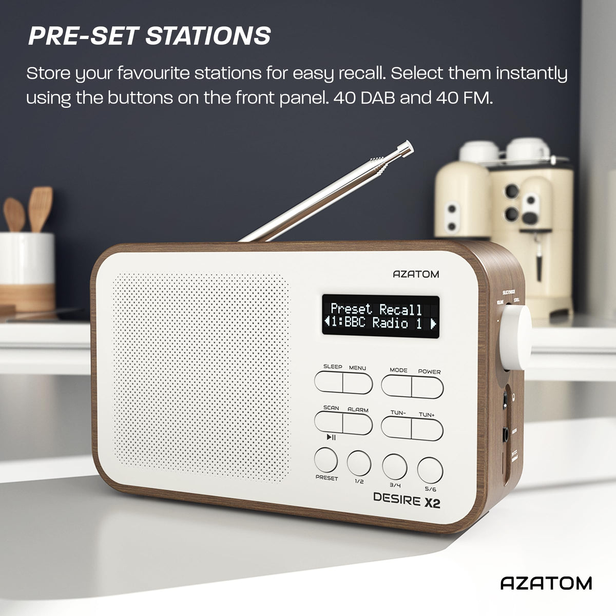 DAB/DAB+ & FM Portable Digital Radio | Simple Controls | Dual Alarms & Sleep Timer | Battery & Mains Powered (4x”AA”) | Bluetooth | Perfect for Home, Office or Outdoors | AZATOM Desire X2 (Black)
