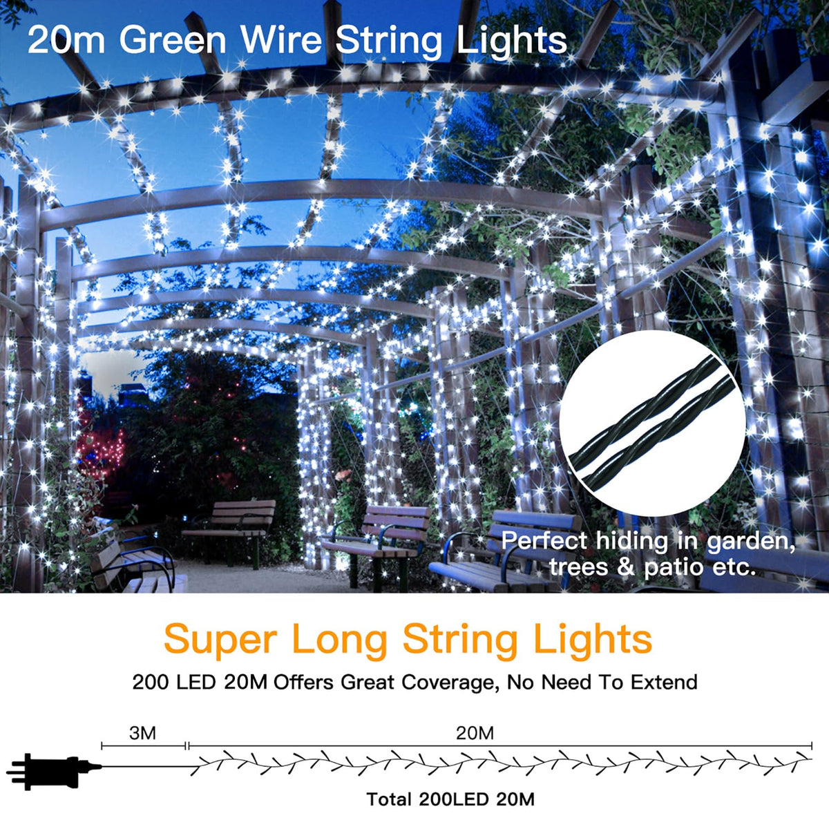 Ollny Smart Outdoor Fairy Lights, 20m 200 LEDs, RGB+W, App Control