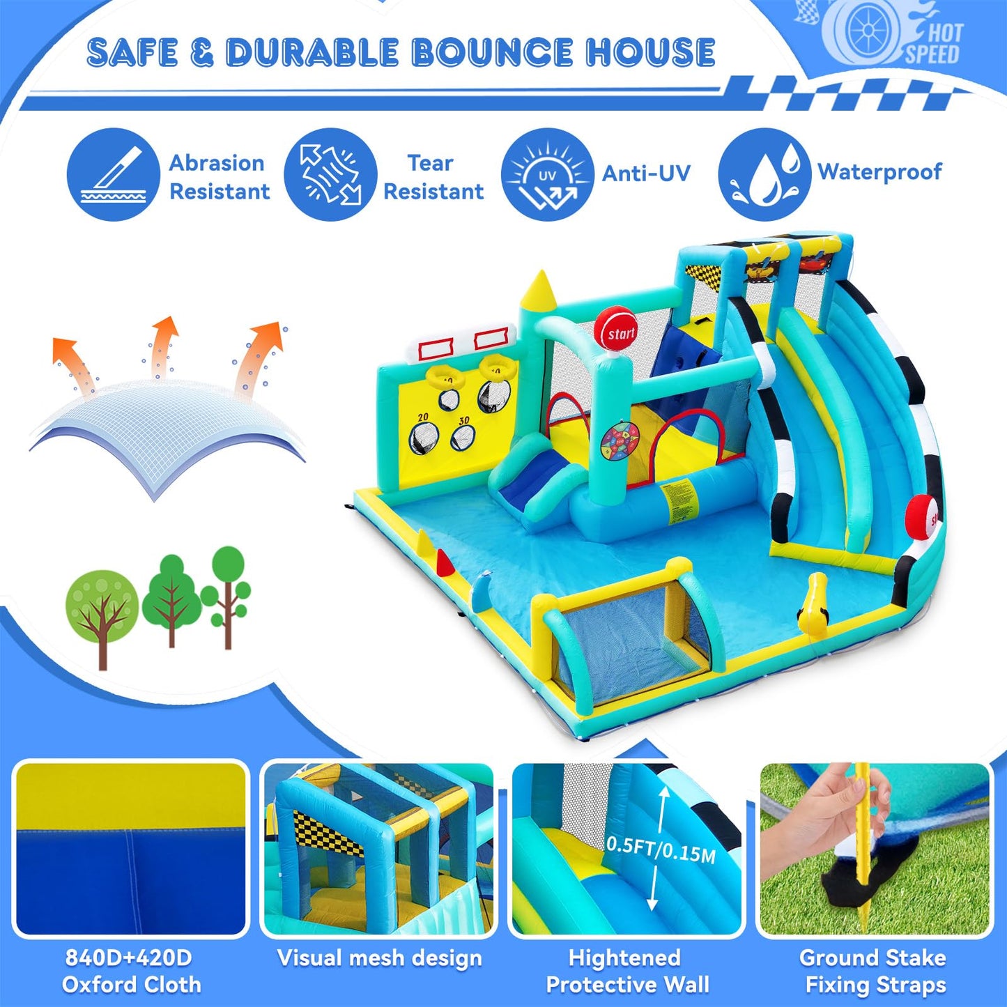 Inflatable Bouncy Castle with Slide Trampoline and Ball Pit, Bounce House Indoor Outdoor with Air Blower for Toddler Garden Park Backyard Party Wedding Birthday Gift, 470 x 400 x 220 cm