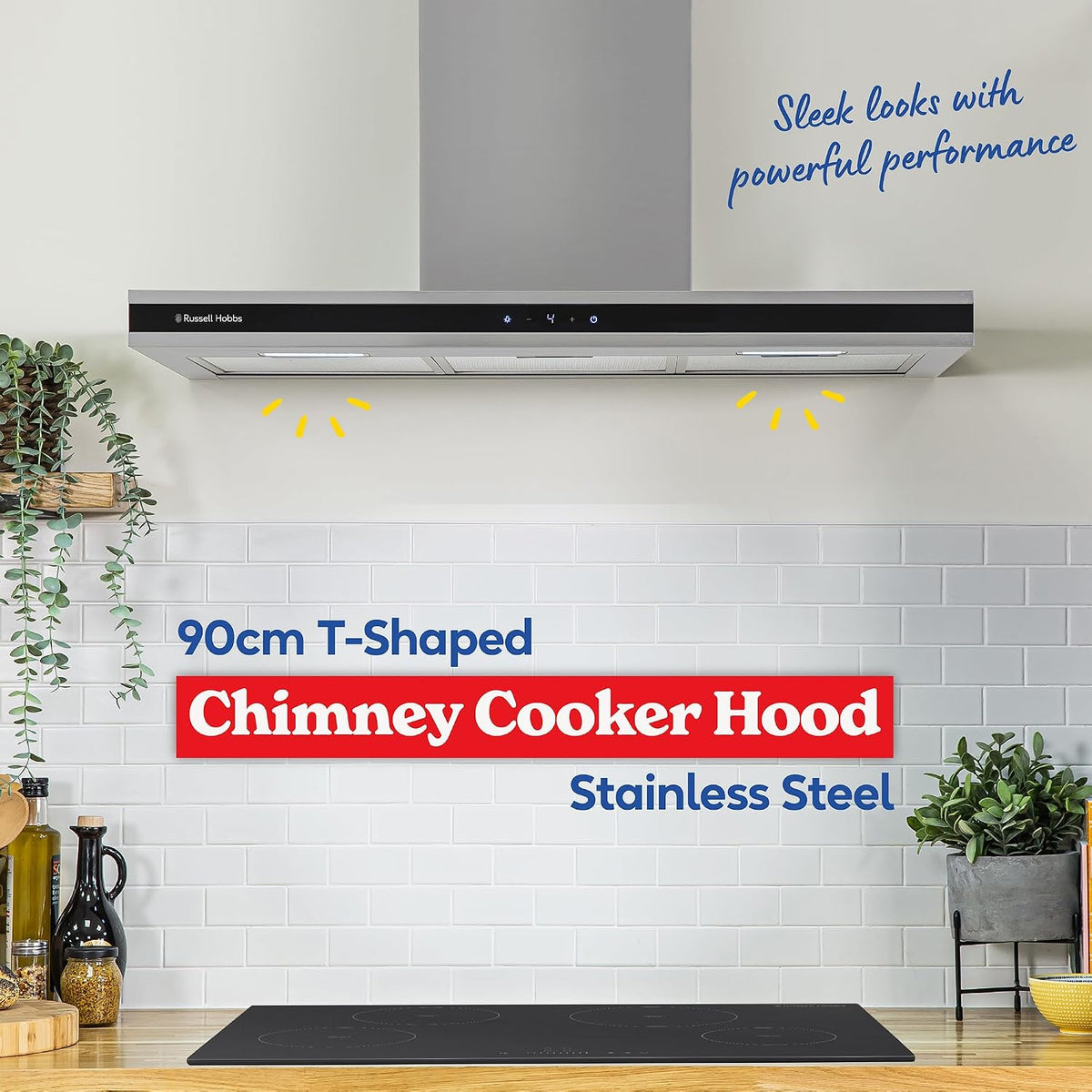 Russell Hobbs 90cm T-Shaped Cooker Hood in Stainless Steel with 3 Speed Settings, 3x Washable Aluminium Filters, Extraction or Recirculation, Boost Function, LED Lights A++ Energy Rating, RHGCH903SS