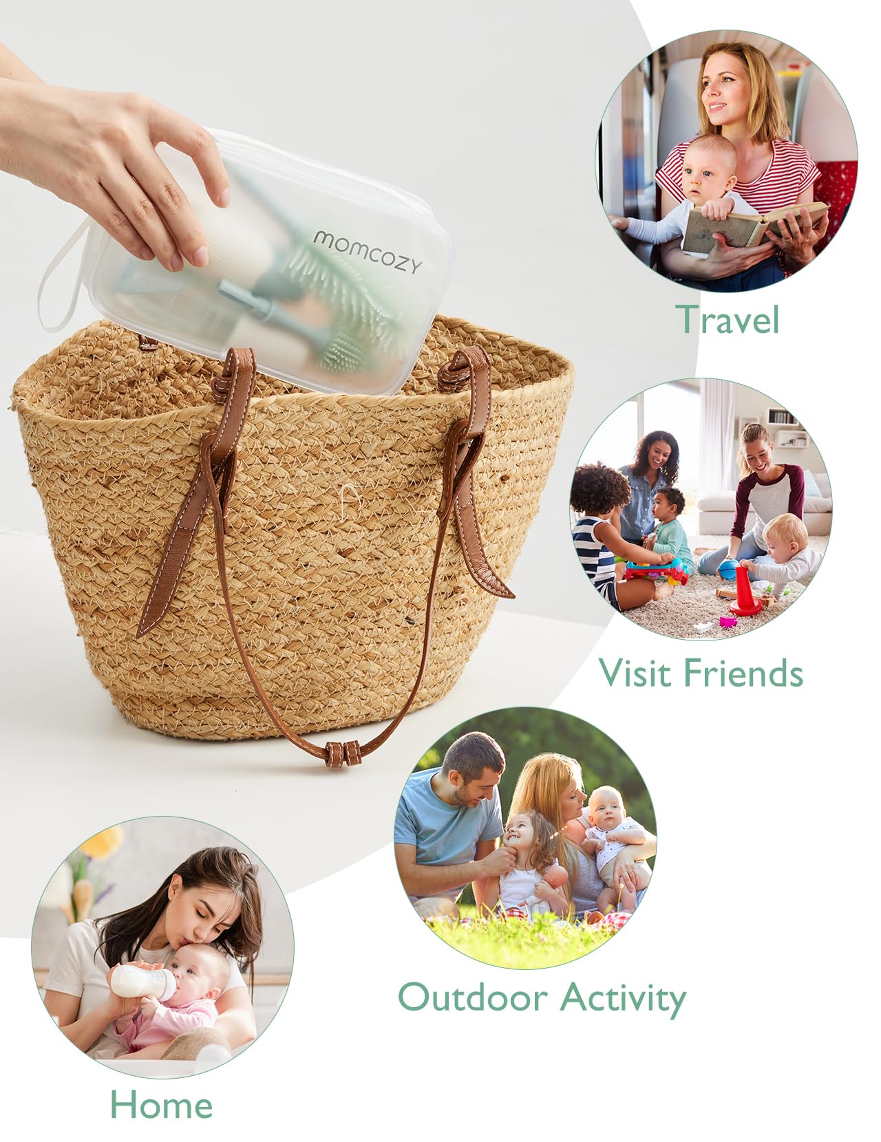 Momcozy Bottle Brush Set - Baby Bottle Cleaner Kit with Silicone Brush, Nipple Brush, Straw Brush, Soap Dispenser, Drying Rack - 7 in 1 Bottle Cleaning Tool for Home and Travel, Green