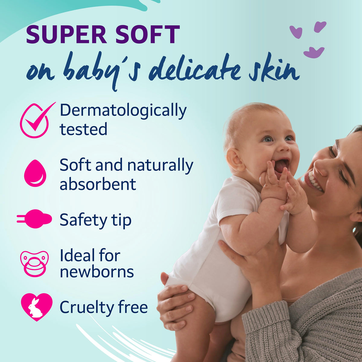 Lil-Lets Baby Cotton Wool Oval Pads, Certified Organic, 100% Pure Cotton Wool, Soft and Absorbent, Gentle on Baby's Delicate Skin, Dermatologically Tested, Ideal for Newborns, Pack of 50 Oval Pads