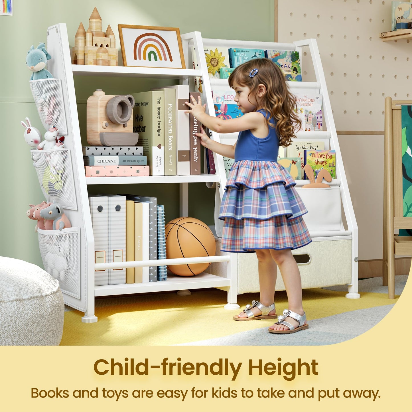 GoTiling Kids Bookshelf and Toy Storage Organizer: 3-Tier Sling Book Shelf with 3 Side Pockets for Kids Room - Toy Storage Organizer with 2 Fabric Drawers for Nursery, Bedroom, Playroom