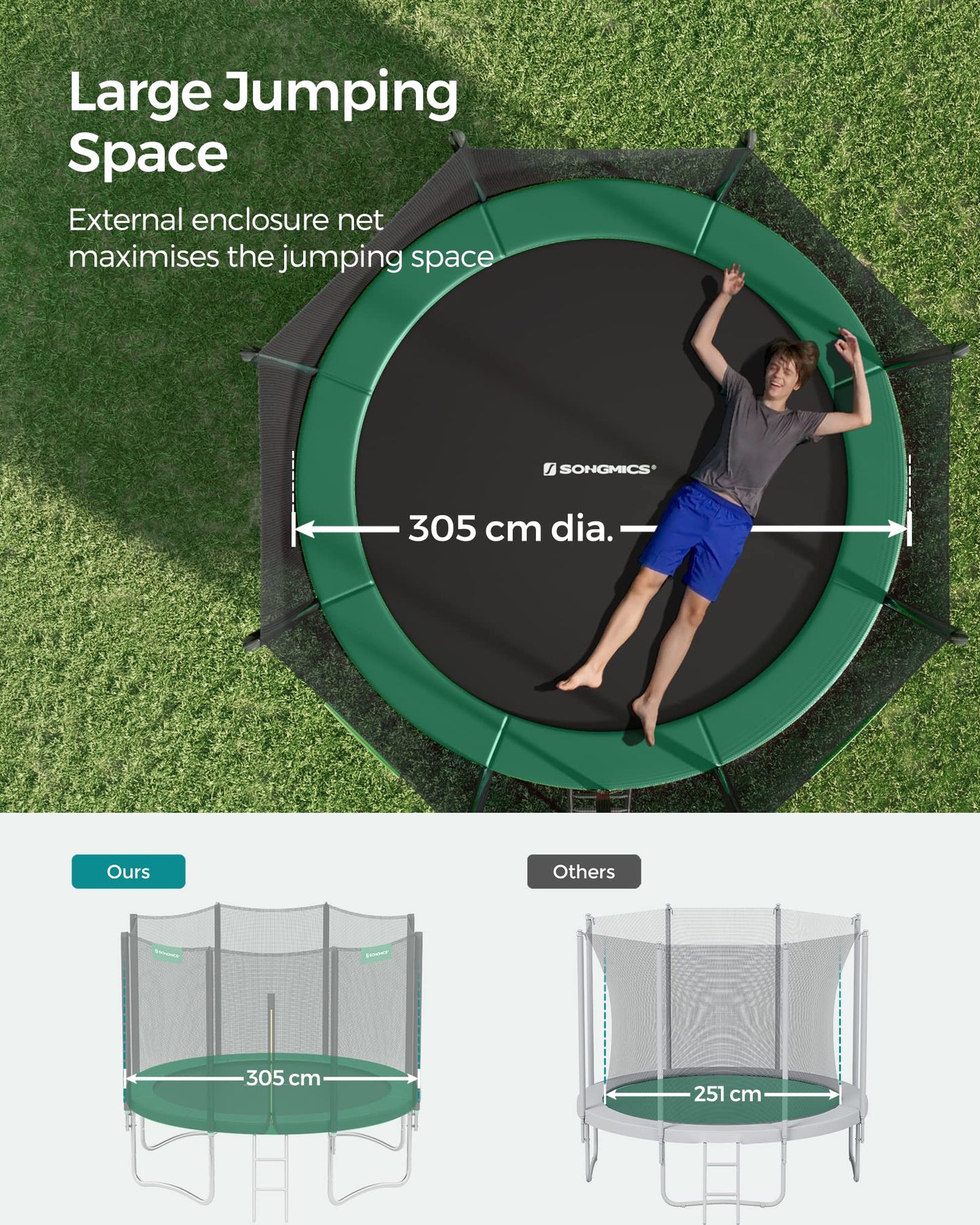 SONGMICS 10ft Children's Outdoor Trampoline with Safety Net & Ladder — Max 100 kg | 2-Year Warranty