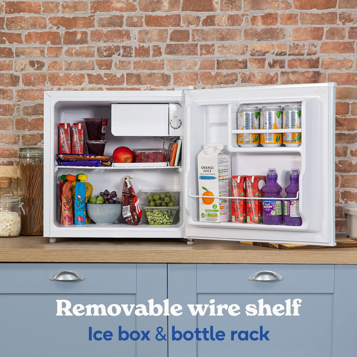 Russell Hobbs Table Top Larder Mini Fridge 43 Litre Capacity, Reversible Door & Adjustable Feet, Small Fridge, Manual Temperature Control, Ice Box, Black RHTTF0E1B