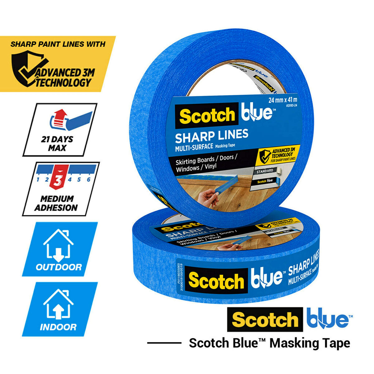 ScotchBlue Multi-Surface Premium Masking Tape, 24mm x 41m, 1 Roll/Pack - Scotch Adhesive Blue Painters Tape, For Painting and Decorating, Indoor & Outdoor, Sticks Well, 100% PEFC