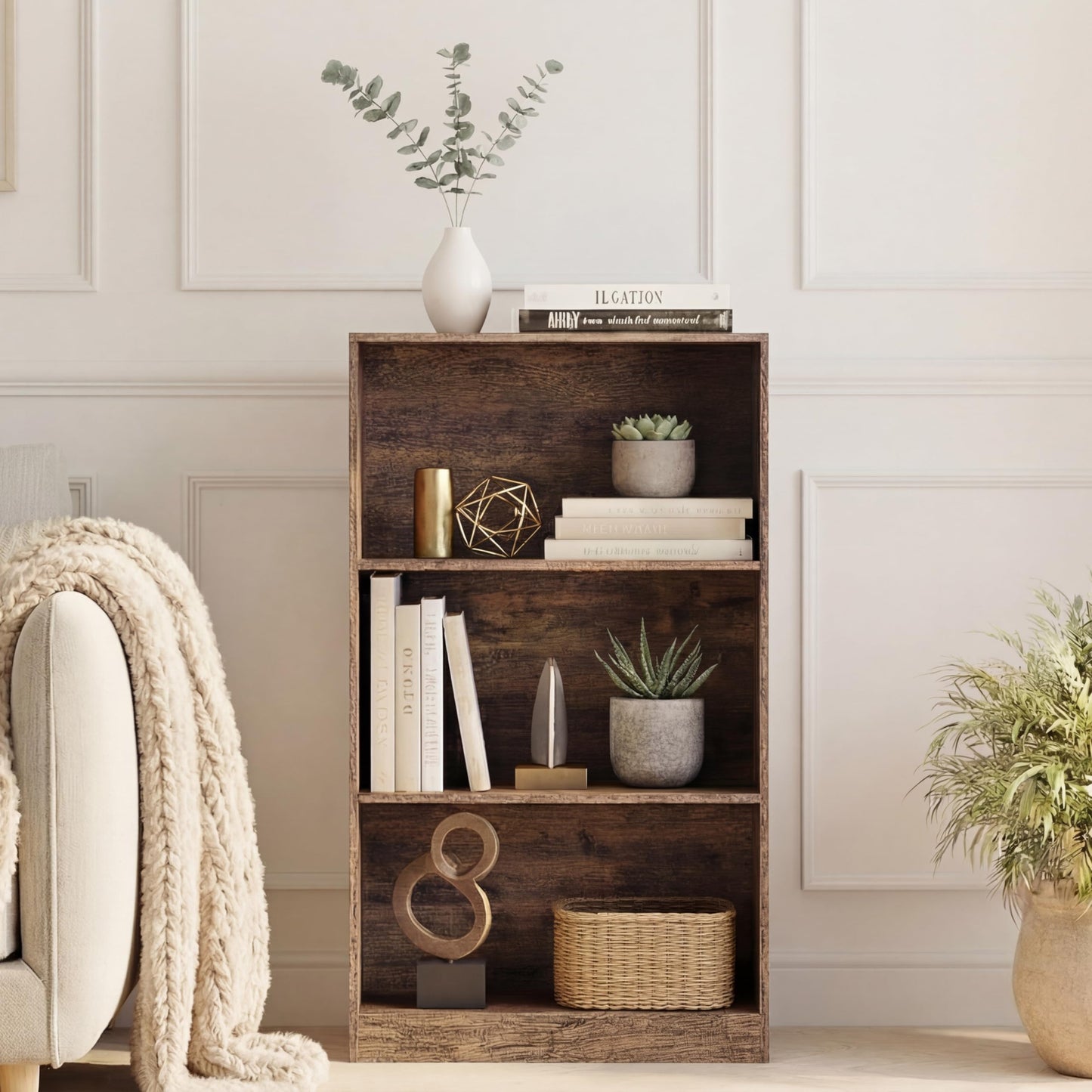 Vida Designs Cambridge 3 Tier Low Bookcase, White Wooden Shelving Display Storage Unit Office Living Room Furniture