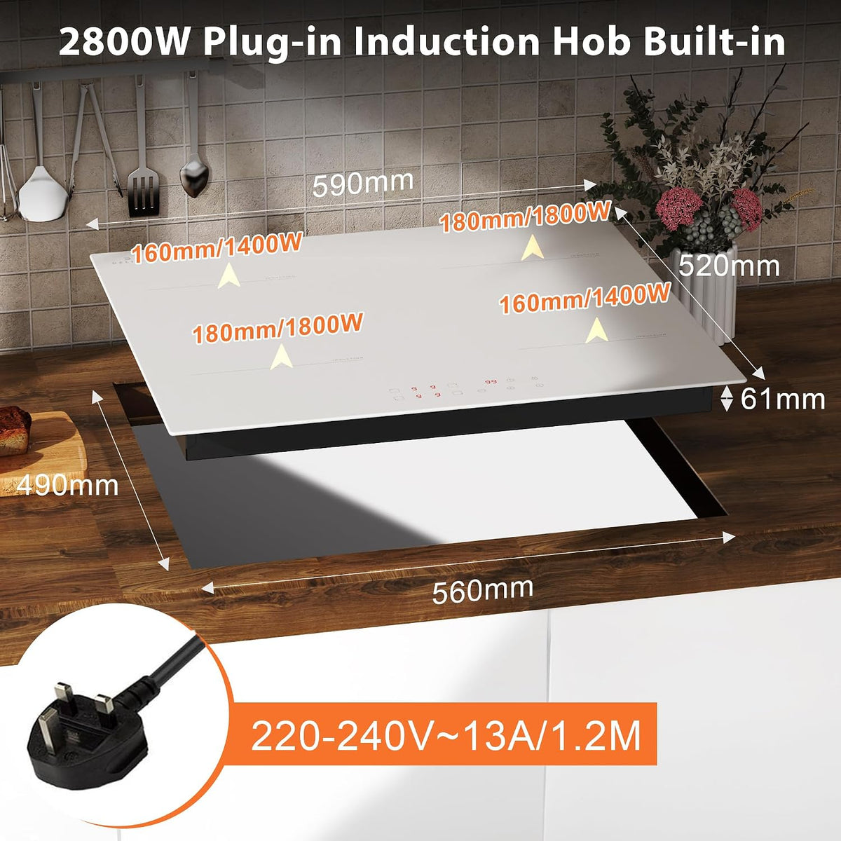 White Induction Hob 4 Ring Plug in, 2800W Electric Hob 13amp