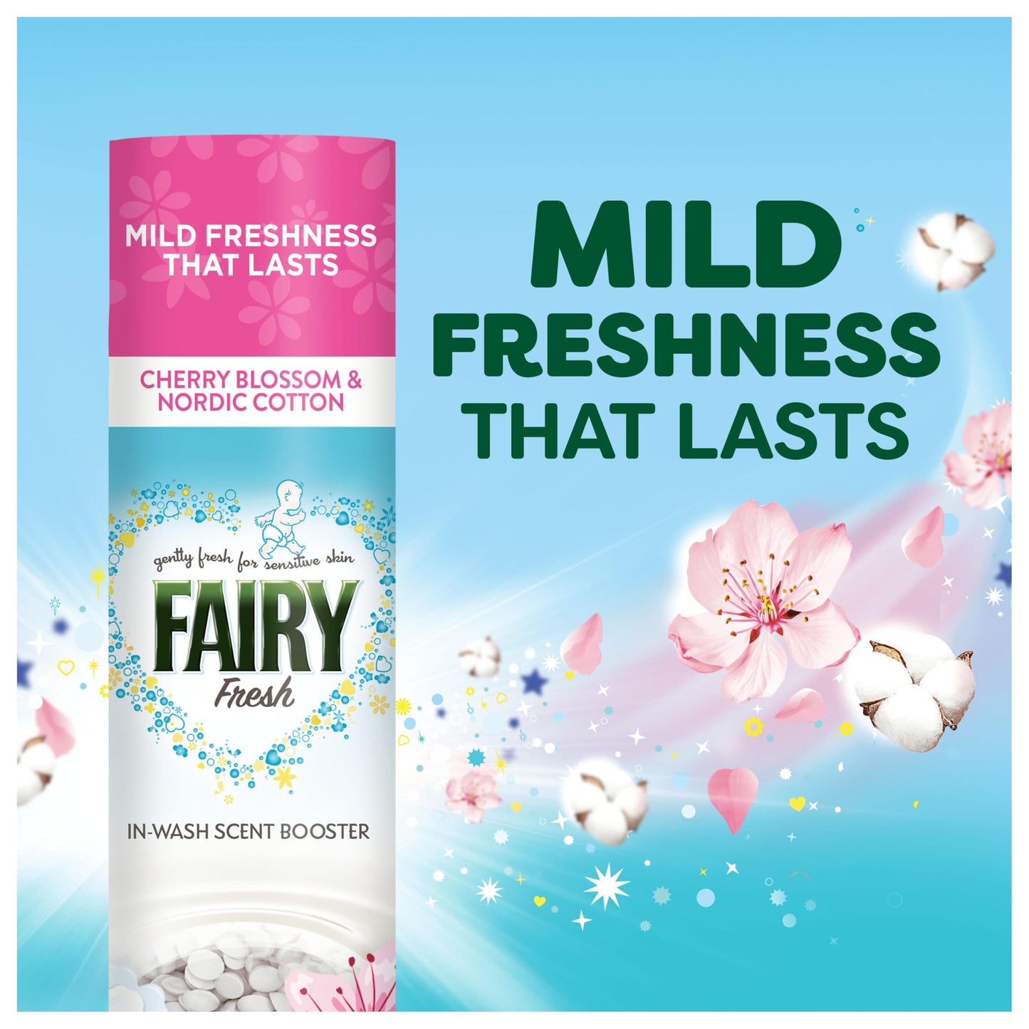 Fairy In-Wash Scent Booster 495g, Cherry Blossom & Nordic Cotton, Mild Freshness that Lasts, Voted No1 for Sensitive Skin