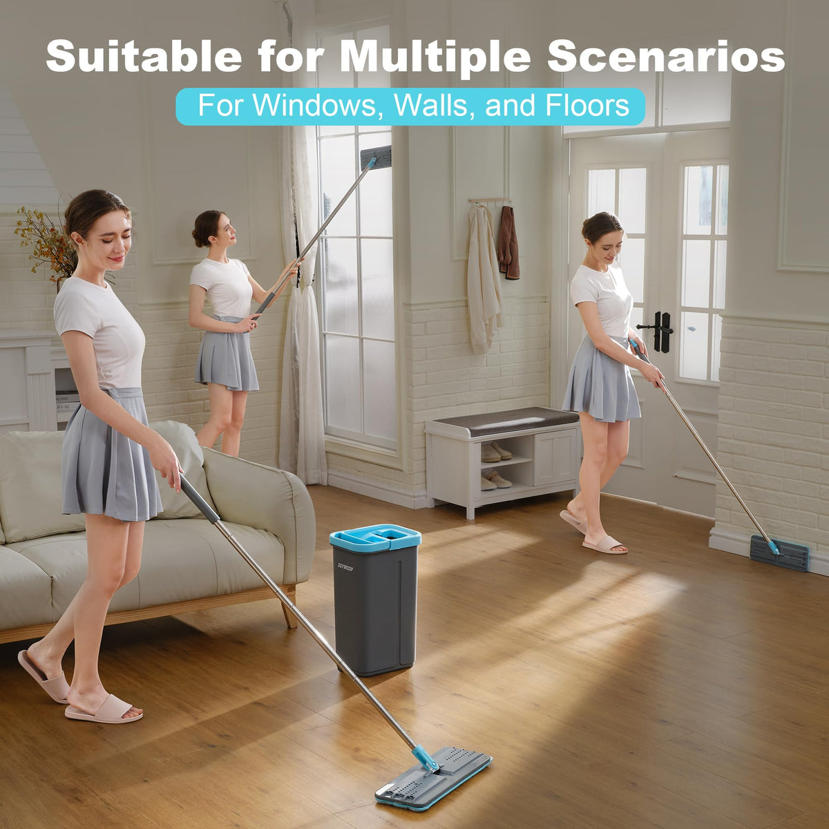 JOYMOOP Mop and Bucket with Wringer Set, Hands Free Flat Floor Mop and Bucket, with 3 Washable Microfiber Pads, Wet and Dry Use, Floor Cleaning System