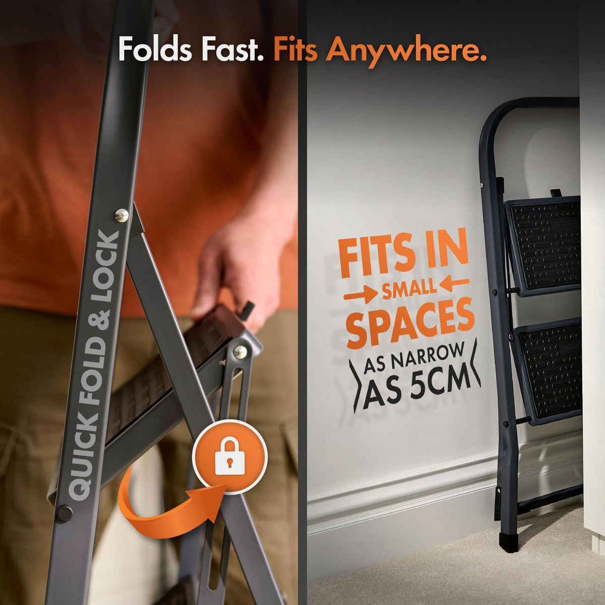 VonHaus 3 Step Ladder – Premium Quality Folding Step Ladder for DIY and Gardening - Anti Slip Feet, Easy to Store Ladder, 150KG Max Capacity - Durable Steel