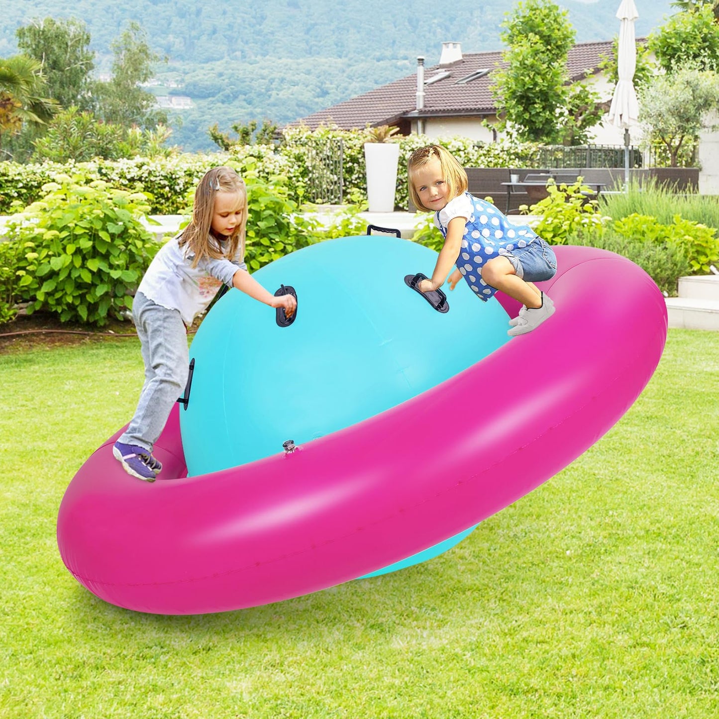 GYMAX 88'' Inflatable Dome Rocker Bouncer, Giant Inflatable Rocking Planet with 6 Handles, Indoor Outdoor Large Blow Up Rocking Ball for 5 Years Old+ Boys Girls, Max Weight 113kg (Pink+Green)