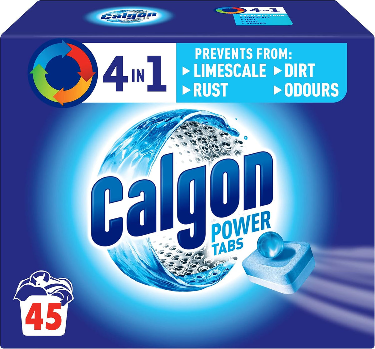 Calgon 4-in-1 Washing Machine Cleaner and Water Softener Tablets, 45 Count | Removes Limescale, Residue, Dirt, Rust & Malodours | Deep Clean | L Pack Size