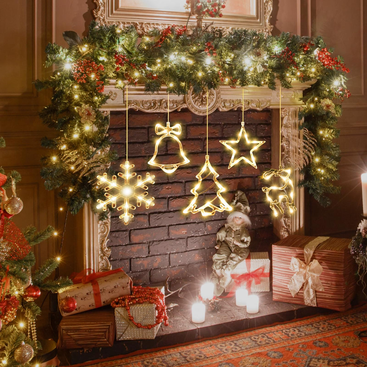 LYUBASA 5Pack Christmas Window Lights Decorations with Timer,Battery Powered Christmas Hanging White Lighted Snowflake Shaped LED Sucker for Xmas Tree Fireplace Indoor Decor
