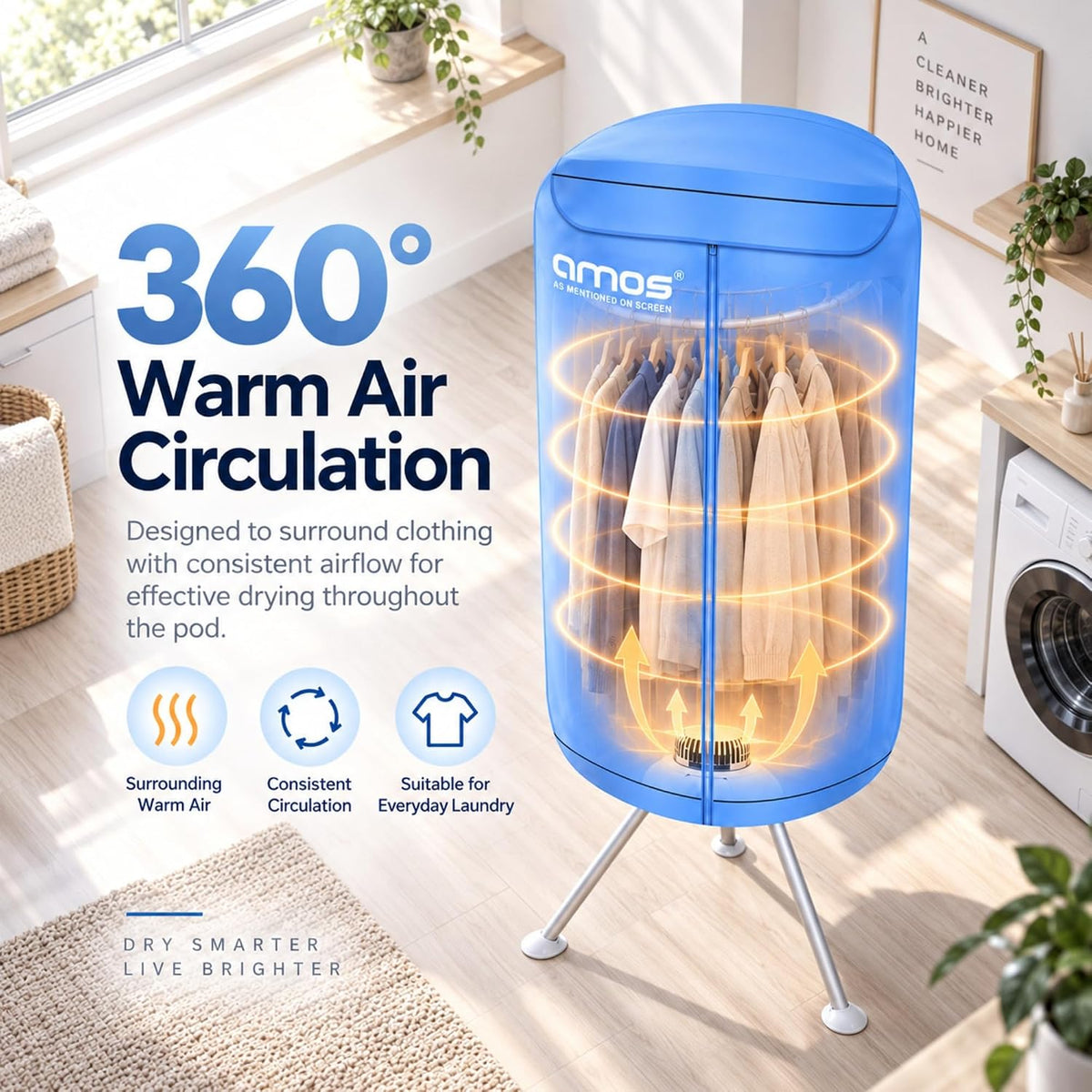 AMOS Eezy Dry Pod Heated Electric Clothes Dryer 10KG Capacity 1000W Indoor & Outdoor Folding Airer for Laundry Large Foldable Rack for Fast Drying With Cover (Dry Pod)