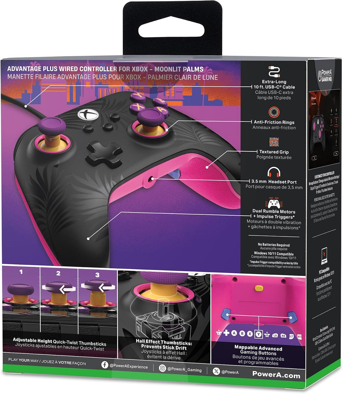 PowerA Advantage Plus Wired Controller for Xbox Series X|S - Moonlit Palms, officially licensed, adjustable height thumbsticks, hall effect, mappable buttons, works with Xbox One and Windows 10/11 PC