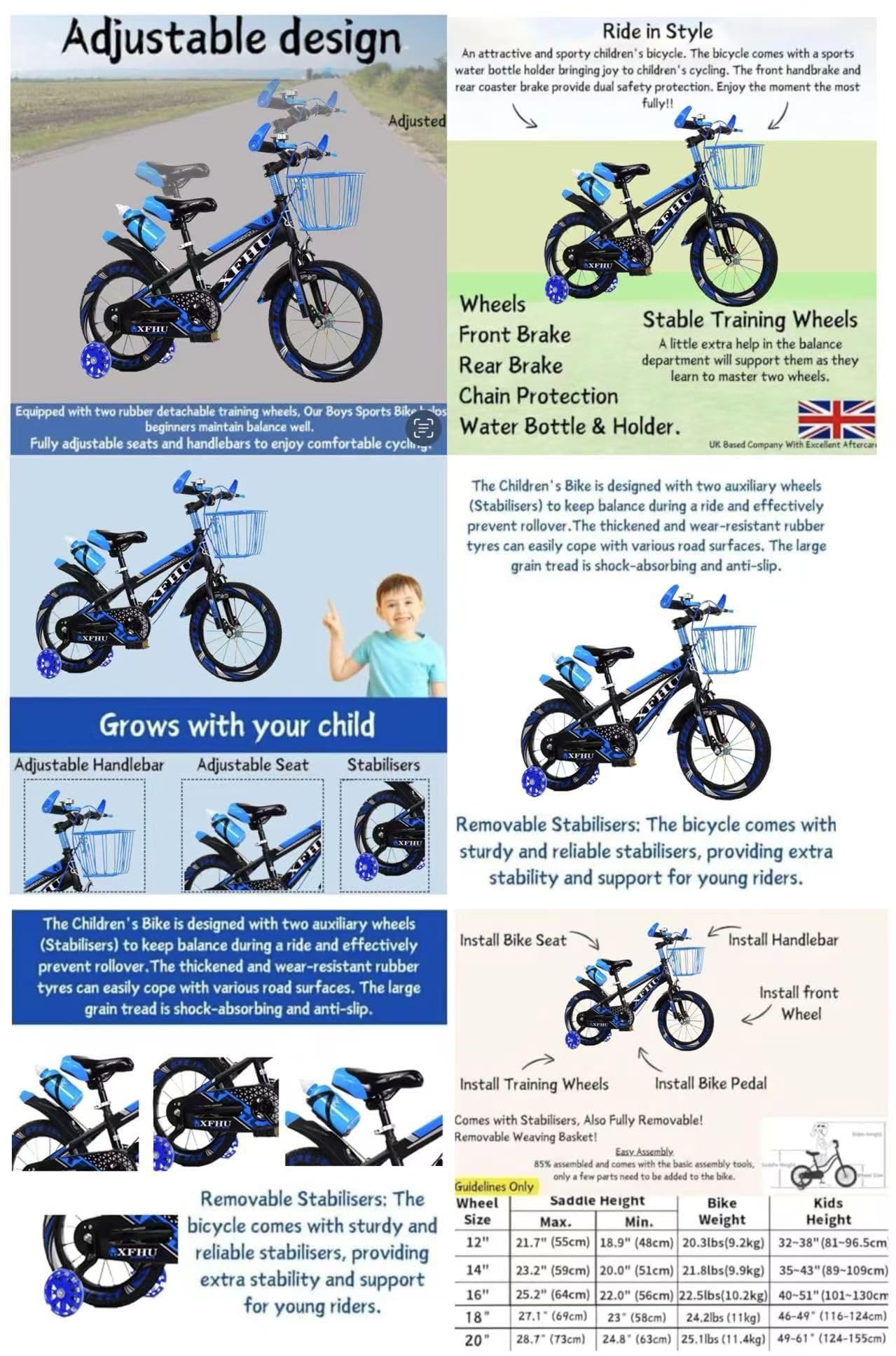 Kids Boys Bike 20" with Stabilisers, Basket, Bell & Water Bottle — Adjustable Seat & Handlebars