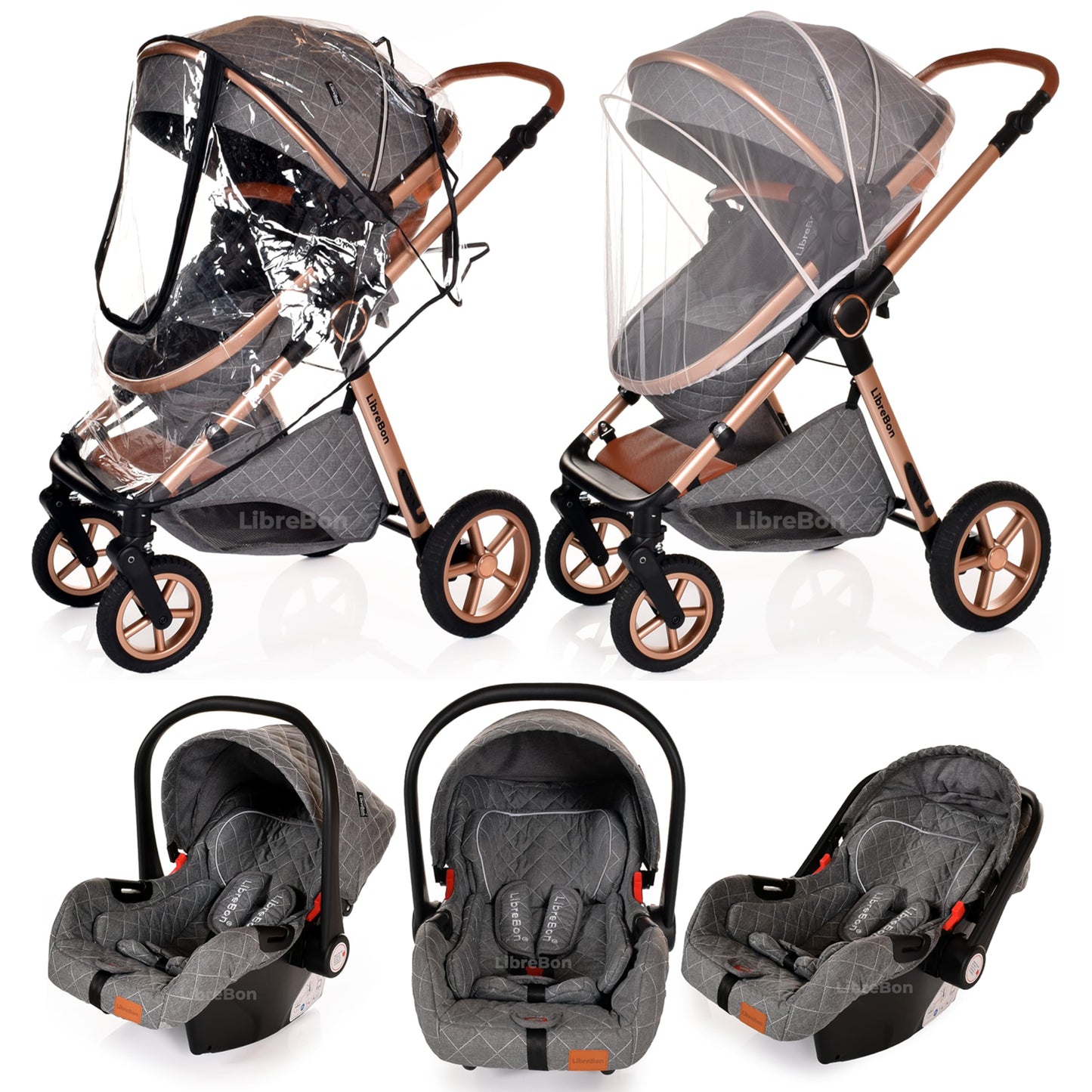 Baby Buggy Pram Pushchair Stroller 3 in 1 Child Lightweight Folding Stroller 3 in 1 Travel System Pram for Newborns & Toddlers from Birth Aluminum (Beige - Rose Gold Frame)