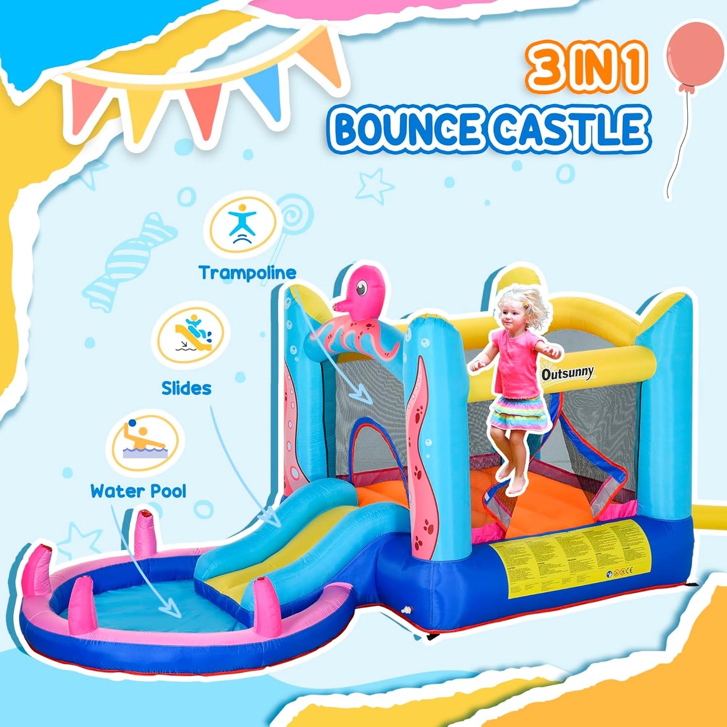 Outsunny 3-in-1 Octopus Inflatable Bouncy Castle with Water Slide, Pool & Sprayers — Ages 3-8