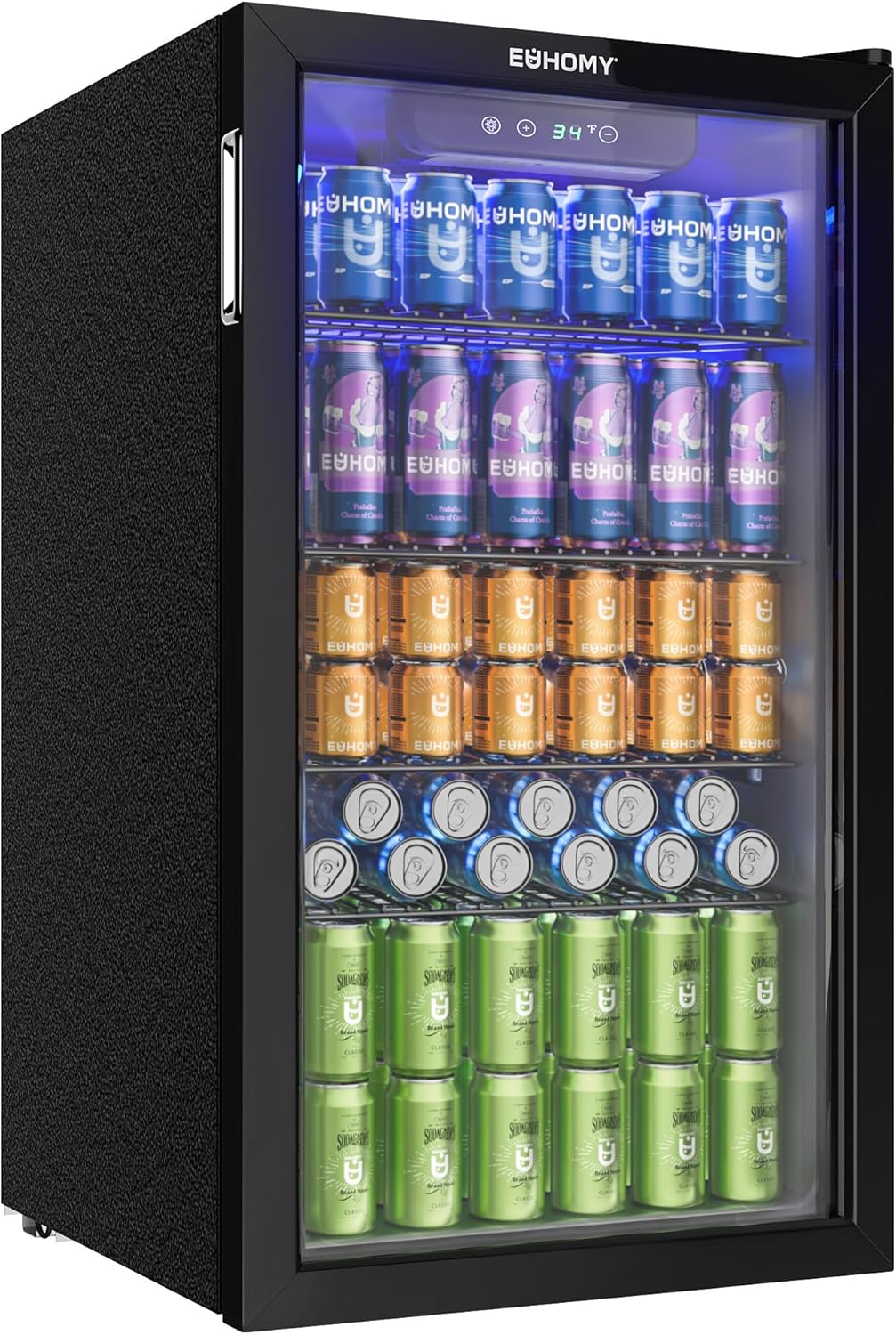 EUHOMY 93L Drinks Fridge, 126 Can Beer Fridge with Glass Door, Wine fridge with Adjustable Shelves for Soda Beer or Wine, Home/Bar/Office, Black, Steel, One-Touch Control [Energy Class F]