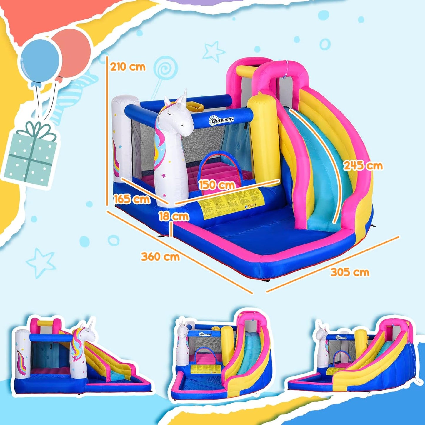 Outsunny 5-in-1 Unicorn Inflatable Bouncy Castle with Slide, Pool & Climbing Wall — Ages 3-8