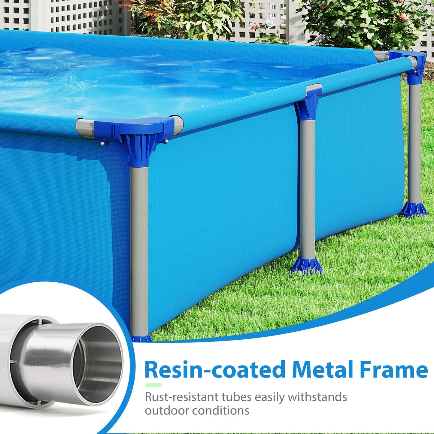 COSTWAY Above Ground Swimming Pool, Outdoor Round/Rectangular Large Framed Pool Set, Metal Frame Garden Family Pools for Kids and Adults (Gray, 300 x 207 x 66 cm, Rectangular)