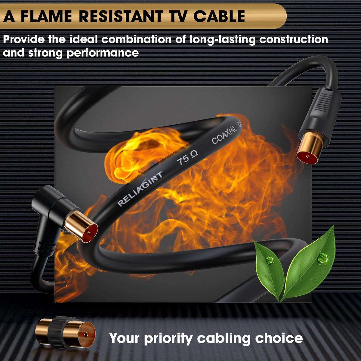 TV Aerial Cable 1m, 75 Ohm Coaxial Lead, IEC 9.5mm Male to Male 3C2V Pure Copper Dual Shielded, Right-Angle Connector, Female to Female Adaptor Included, Black