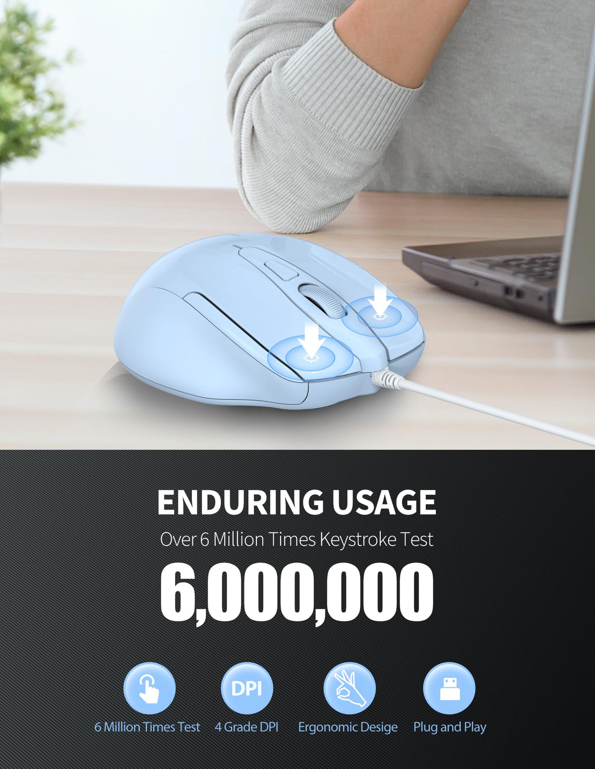 TECKNET USB Wired Mouse, 6400 DPI Mice 4 Adjustable DPI with 6-Button Corded, Optical Computer Mouse with Ergonomic Design for Laptop, Chromebook, PC, Desktop, Mac, Notebook