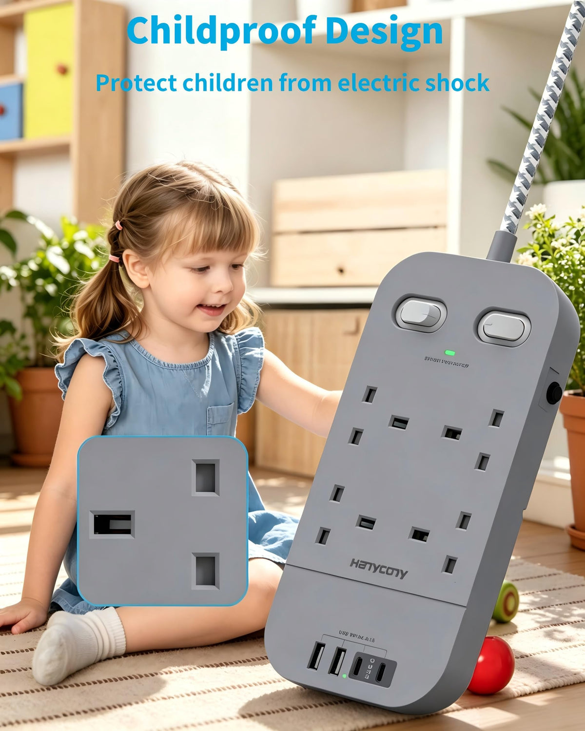 5M Extension Lead Surge Protected, 4 Way Outlets with 2 USB C & 2 USB A
