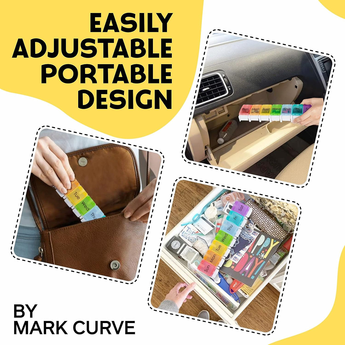 Portable Weekly Pill Box Organiser | Easy to Open 7 Day Premium Quality Tablet Box | Travel Pill Case with Push Button Pop Open Lids |Tablet Organiser for Vitamins, Supplements & Medicine Mark Curve