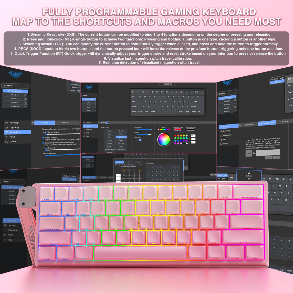 AULA WIN60 HE Mechanical Gaming Keyboard Wired,Hall Effect Magnetic Switches,Adjustable Actuation Rapid Trigger,8K Polling Rate,RGB Backlight,60% Percent Keyboard for Mac/Win (BLACK) (Pack of 2)
