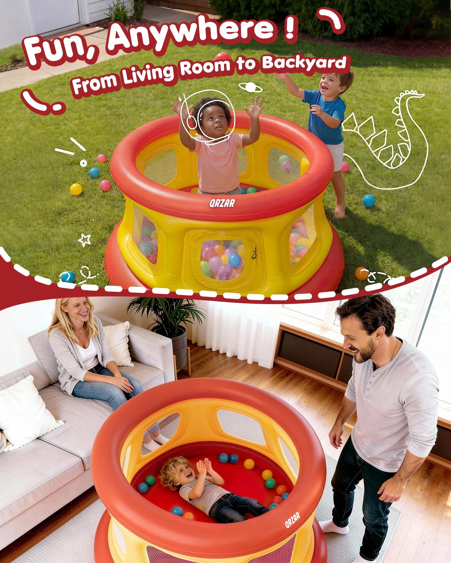 3-in-1 Inflatable Bounce House for Toddlers Under 4, Beautiful & Safe Bouncer with Ball Pit & Trampoline, Indoor/Outdoor Play Yard with Air Pump