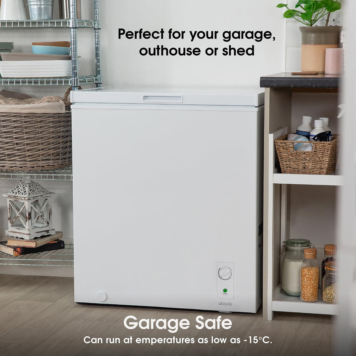 Abode Freestanding White Chest Freezer 99L with Removable Wire Basket & Counter Balance Lid, Adjustable Thermostat, 4 Star Freezer, Suitable for Garages & Outbuildings A99CF0E1W