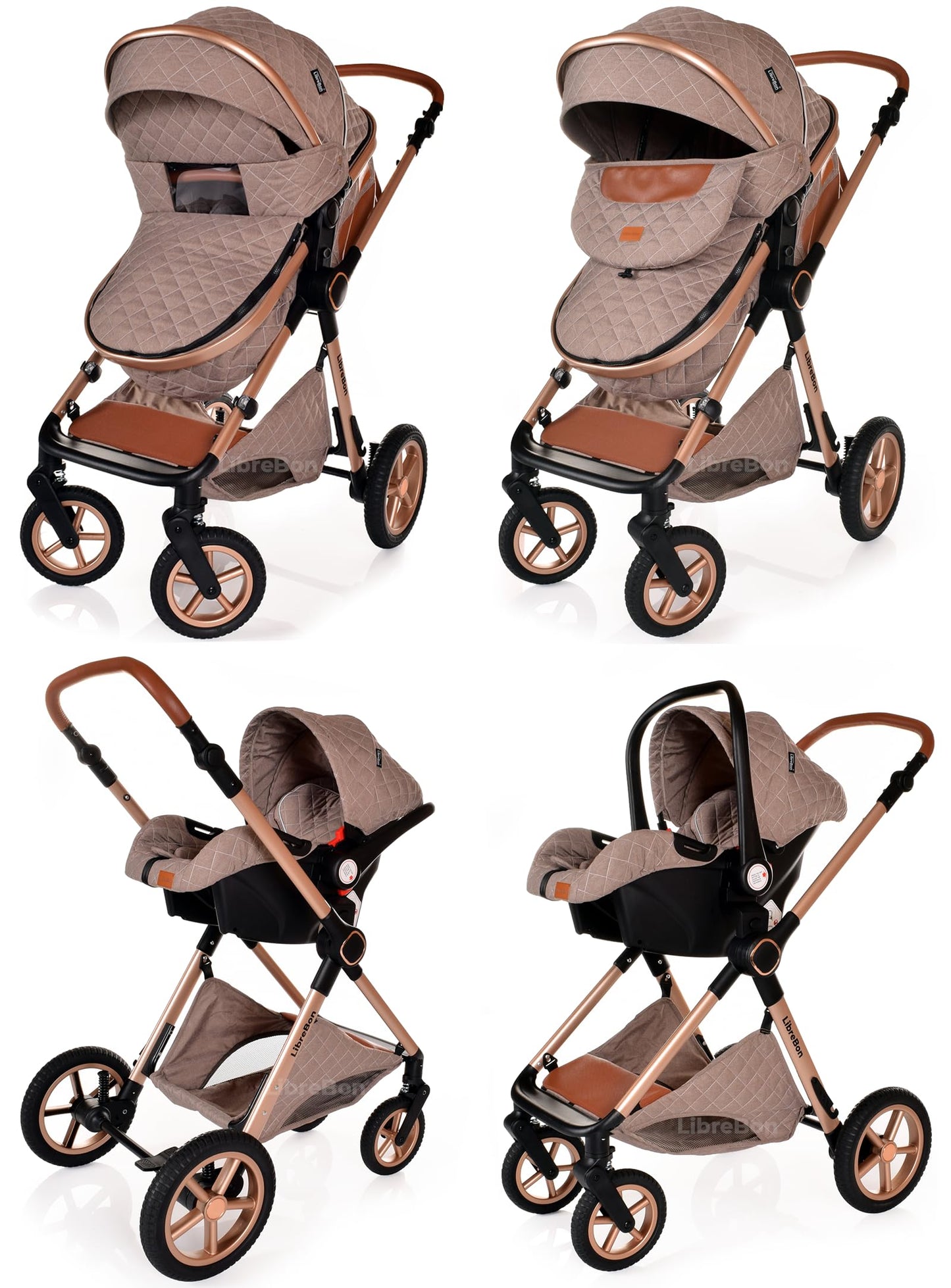 Baby Buggy Pram Pushchair Stroller 3 in 1 Child Lightweight Folding Stroller 3 in 1 Travel System Pram for Newborns & Toddlers from Birth Aluminum (Beige - Rose Gold Frame)