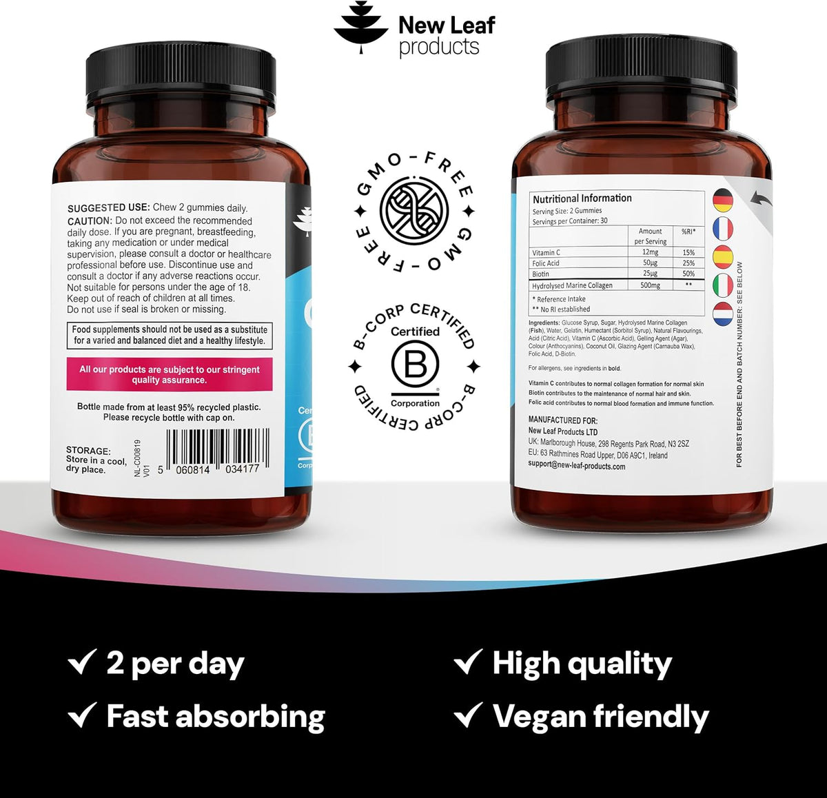 Marine Collagen Gummies for Women, 60 Gummies 1 Month Biotin, Folic Acid