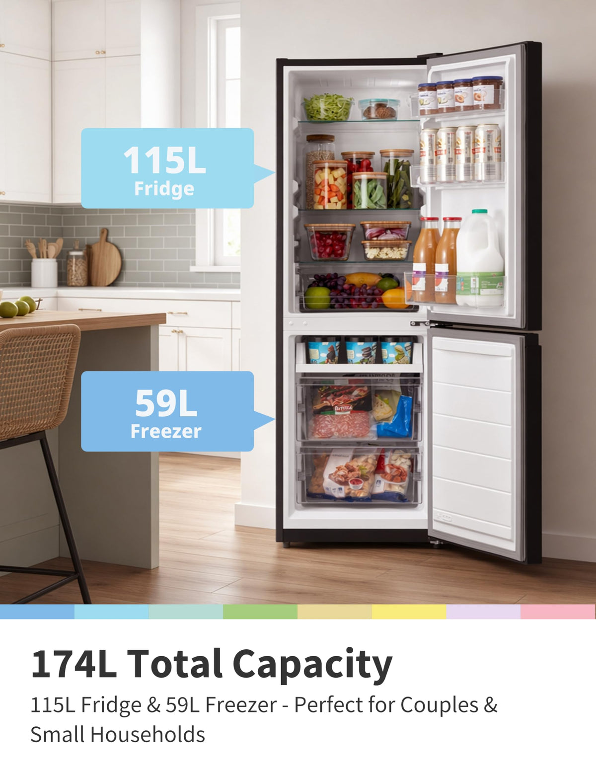 COMFEE' 87L Under Counter Fridge Freezer, Reversible Door, RCT87BL2(E)