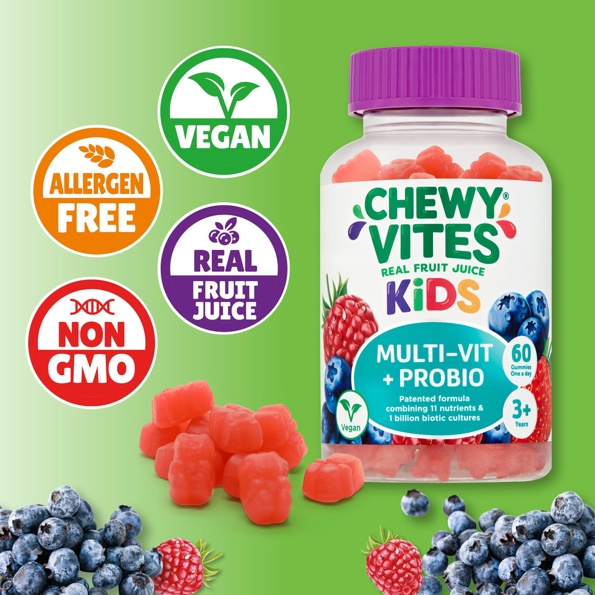 Chewy Vites Kids Multivitamin Advance, 60 Kids Vitamins Gummies, 11 Essential Nutrients, 2 Months Supply, Real Fruit Juice, Vegan, Age 3 +, Blueberry and Raspberry Flavour