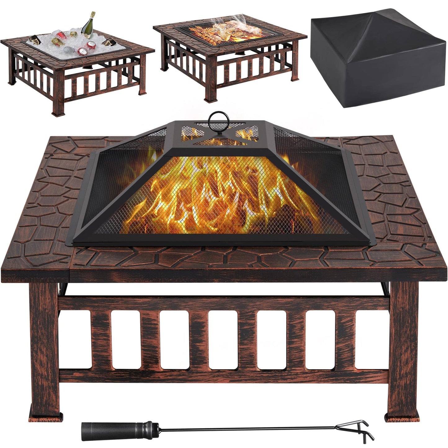 Yaheetech Outdoor Fire Pit 81cm Square Fire pits 3-in-1 Heat-resistant Metal Garden Stove for Barbecue, Heating, Cooling Drinks with Cover & Poker, Black