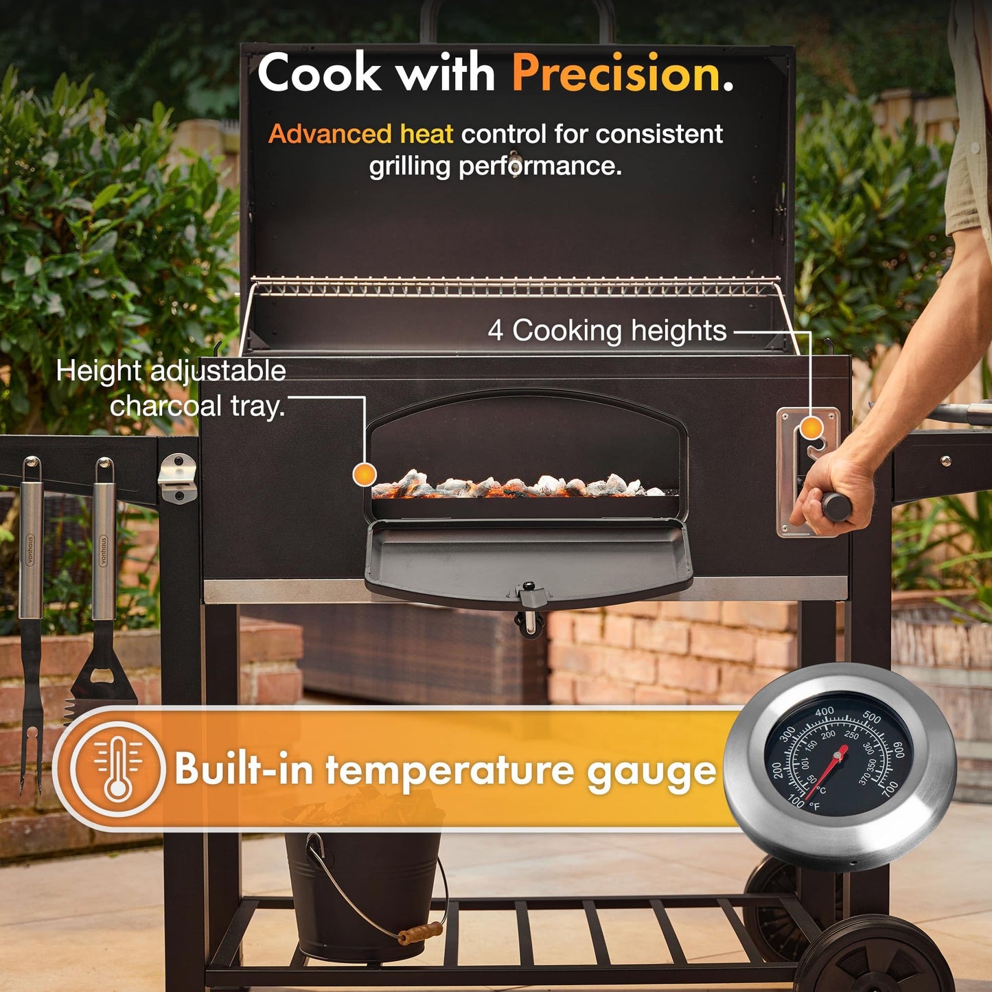 VonHaus Charcoal BBQ – XL Portable Barbecue with Warming Rack, Fold Down Shelves, Temperature Gauge, Wheels, Cooking Grill, Air Vents – 2 in 1 Barbeque and Smoker – Grill Meat, Fish & Vegetables