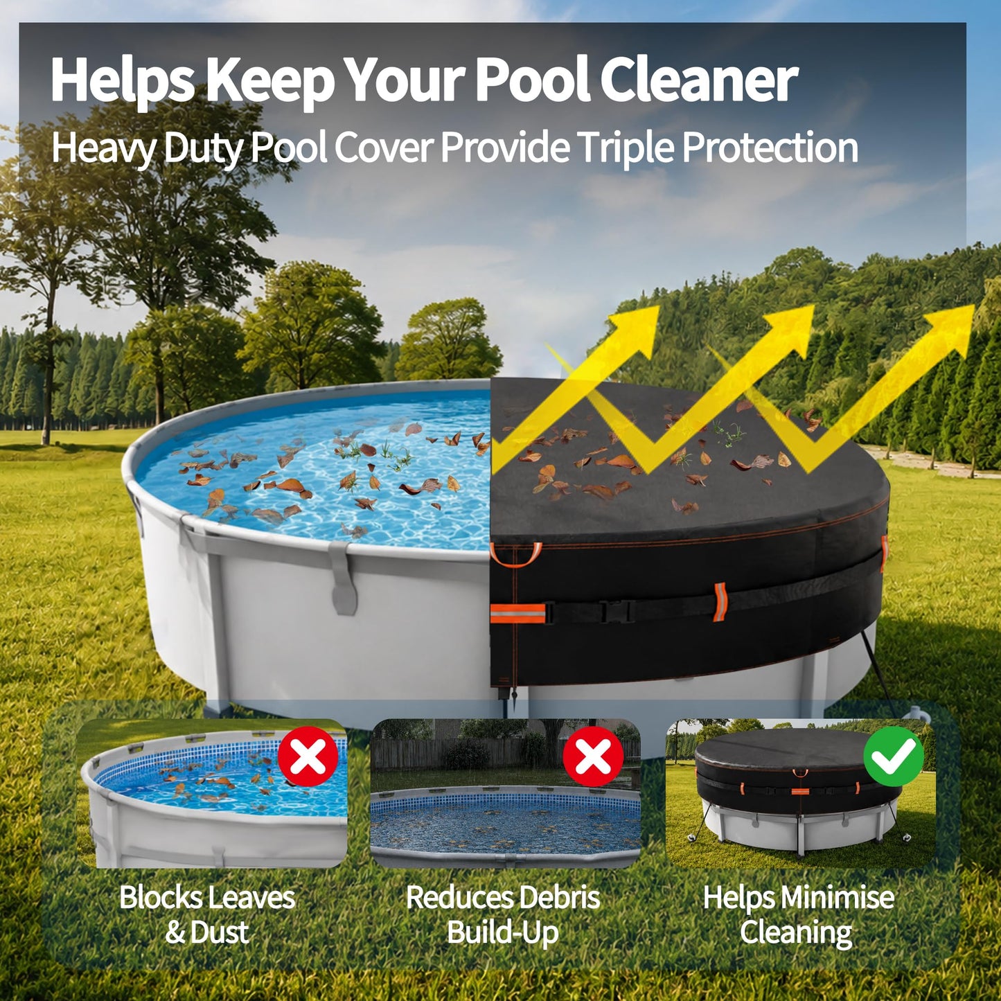 Round Pool Cover for above ground Swimming pools, Heavy Duty Oxford Fabric, Tear Resistant, Ideal for Circle & Round-shaped Pool, Waterproof and Dustproof (12FT, Black)