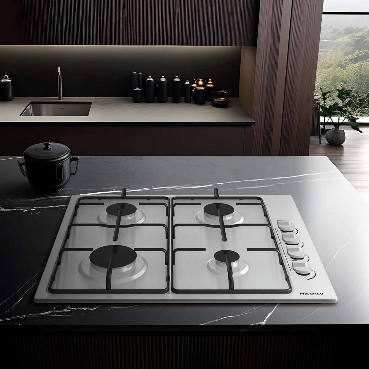 Hisense GM642XHS Built-in 60cm Gas Hob - Stainless Steel with 4 Cooking Areas, Easy Clean Surface, One -Hand Ignition, 60 x 52 x 8.9 cm (L x W x H)