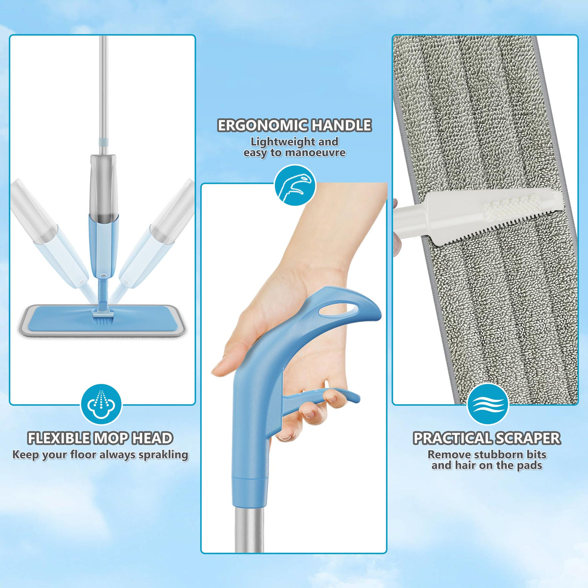 Spray Mop with 3 Washable Pads for Cleaning Floors: Microfibre Floor Mop