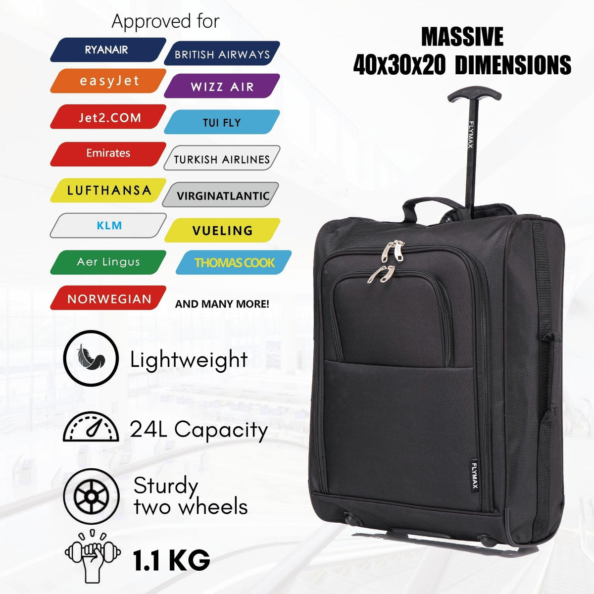 Easyjet 45x36x20 Carry on Suitcase Approved Underseat Cabin Bag Case Lightweight Hand Luggage 1.3kg 33L Black
